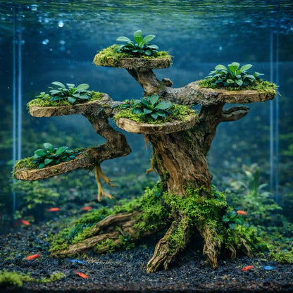 A rustic, moss-covered wooden tree sculpture with flat branches holding small green plants.