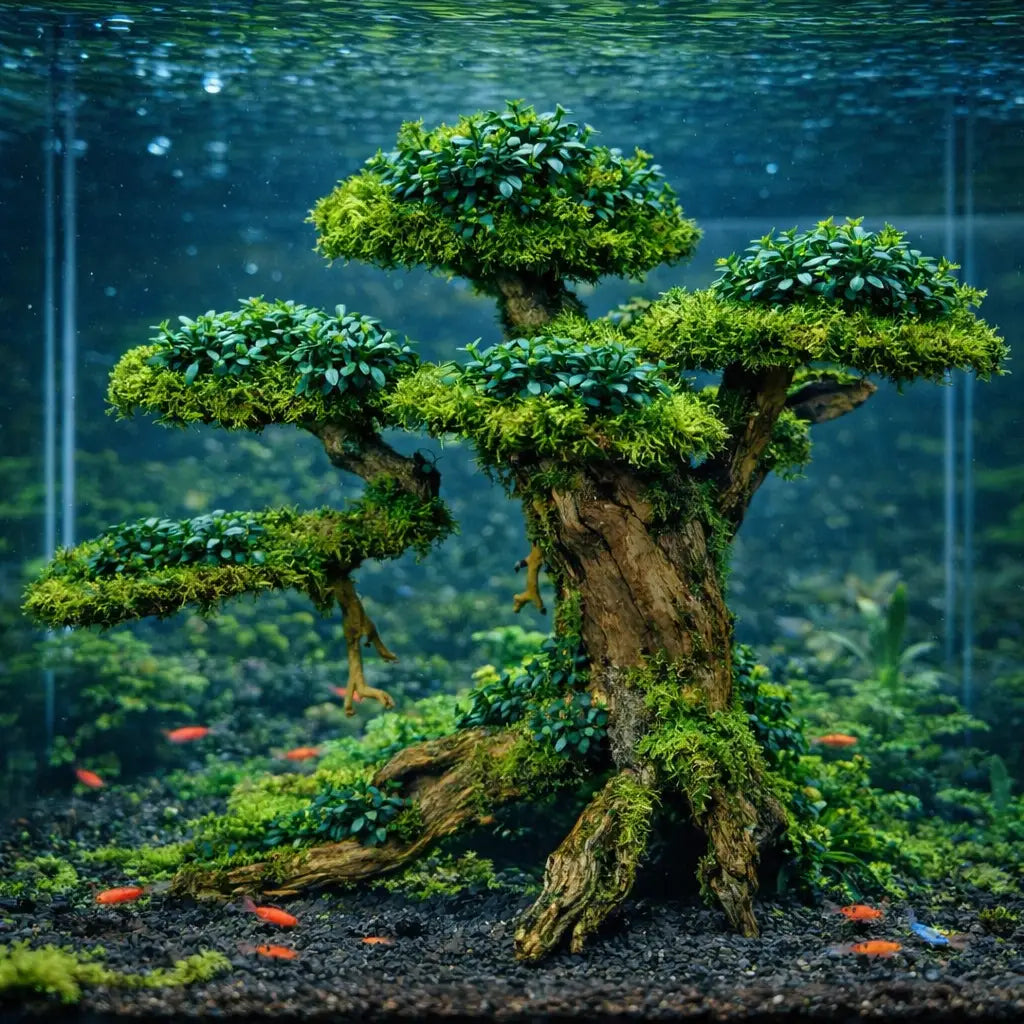 A lush, moss-covered bonsai tree with gnarled brown wood and vibrant green foliage stands as the centerpiece in an aquatic aquarium setting.