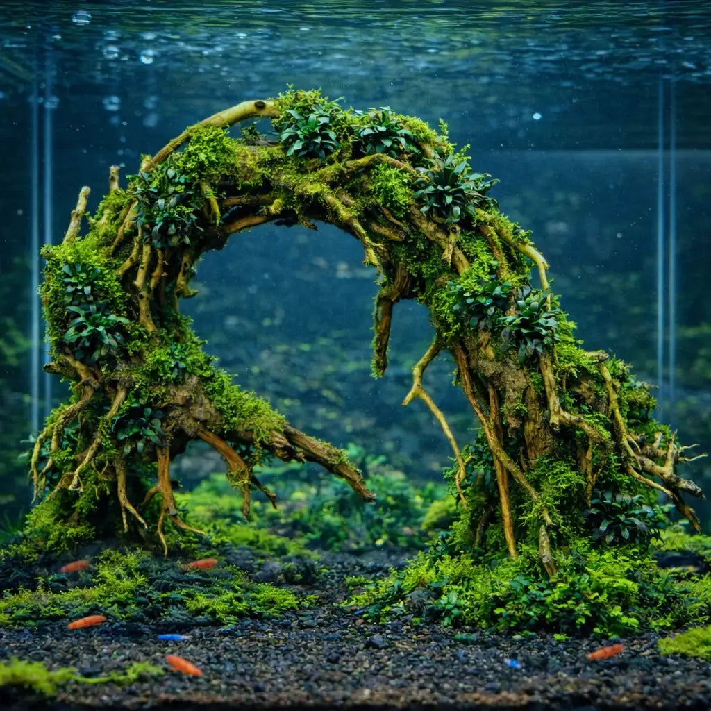 A lush, arched aquatic plant sculpture crafted from moss-covered driftwood and green foliage.