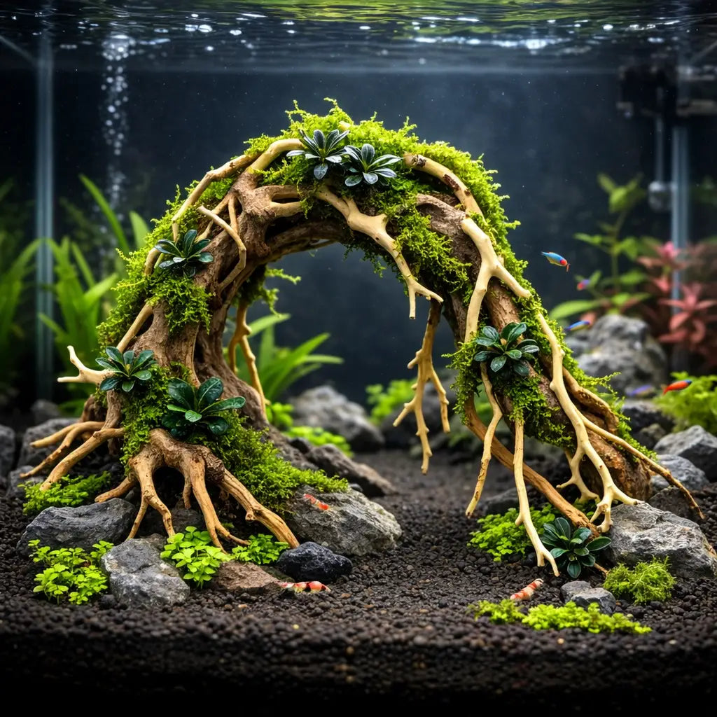 A naturalistic aquarium decor piece featuring a curved, light-brown driftwood arch covered in vibrant green moss and small dark-green succulent plants.