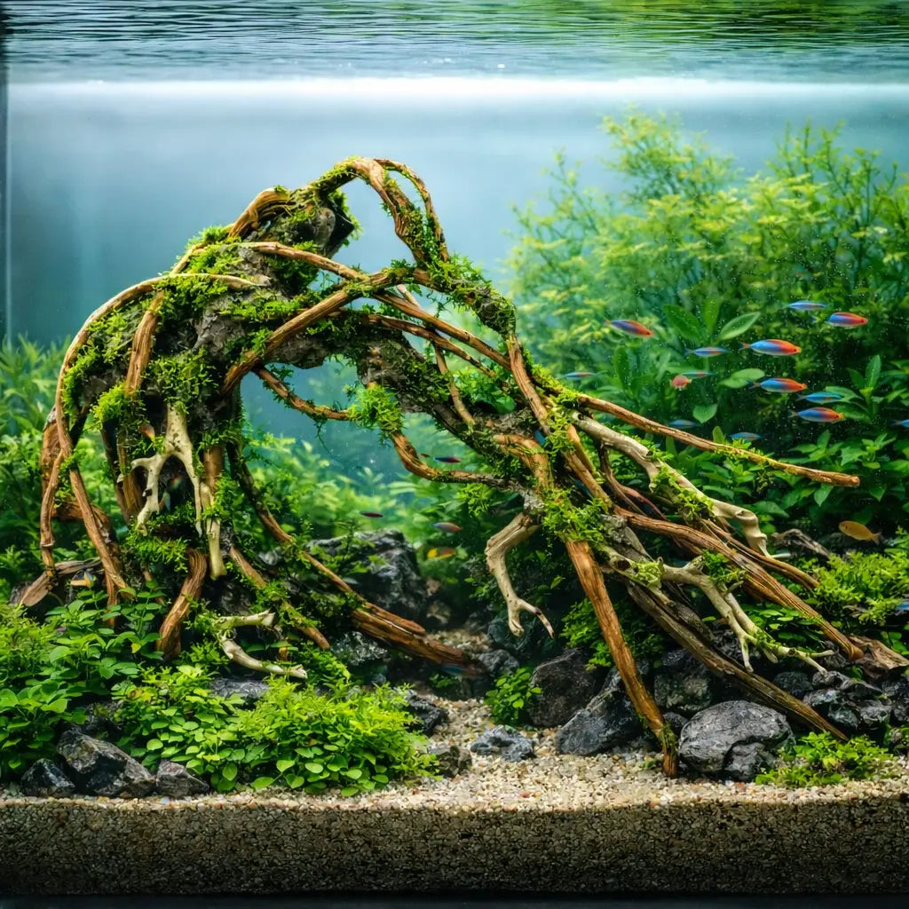 A moss-covered driftwood centerpiece in a freshwater aquarium, featuring intricate root-like branches and vibrant green aquatic plants.