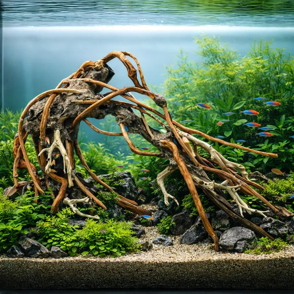 A intricately twisted, weathered driftwood centerpiece with a mix of brown and beige tones, featuring natural bark texture and branching roots.