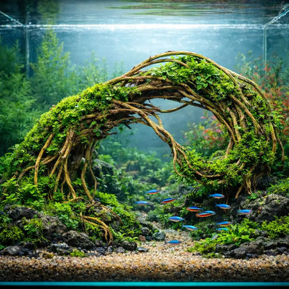 A lush, moss-covered driftwood arch with intertwined branches and vibrant green foliage.