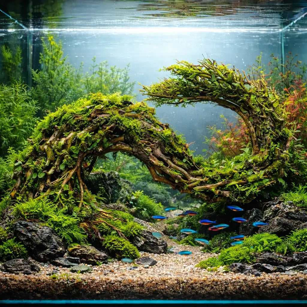 A lush, moss-covered wooden archway with intricate branching roots and vibrant green foliage forms the centerpiece of this aquatic garden.