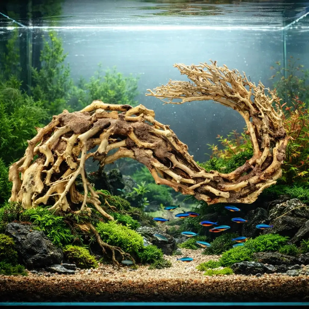 A curved, intricately branched piece of driftwood with a natural beige and brown coloration serves as the centerpiece in this aquarium setup.