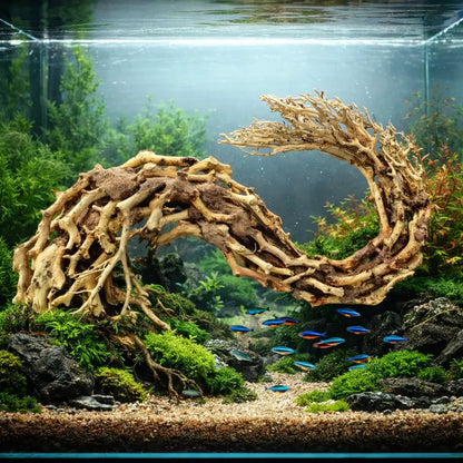 A curved, intricately branched piece of driftwood with a natural beige and brown coloration serves as the centerpiece in this aquarium setup.