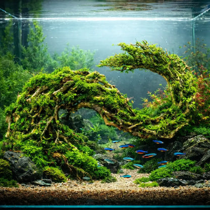 A lush, moss-covered driftwood arch with intricate branching patterns and vibrant green foliage.