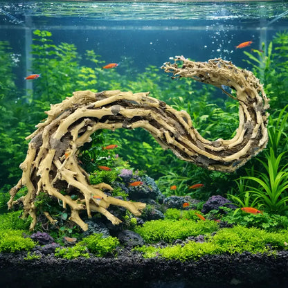 A curved, light-brown driftwood sculpture with a natural, gnarled texture and darkened bark accents.