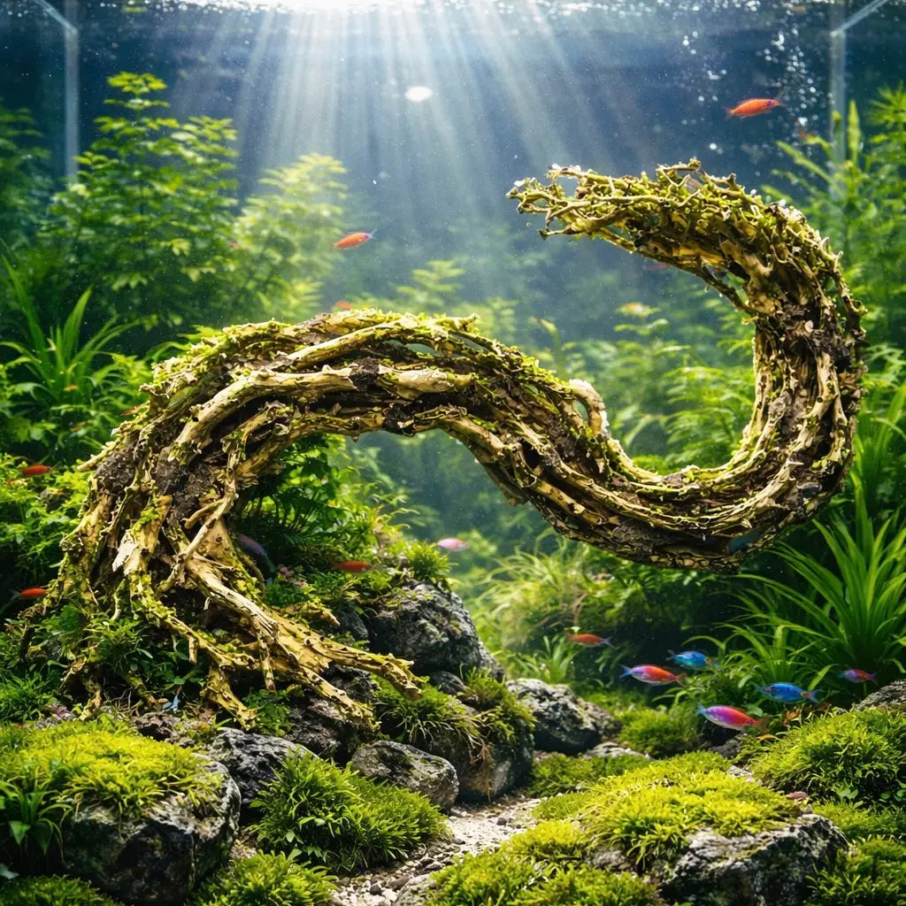 A curved, moss-covered driftwood sculpture with a natural, gnarled texture and earthy tones of brown and green.