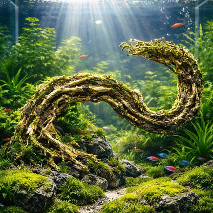 A curved, moss-covered driftwood sculpture with a natural, gnarled texture and earthy tones of brown and green.