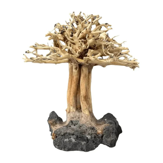 Artificial bonsai tree with stone base.