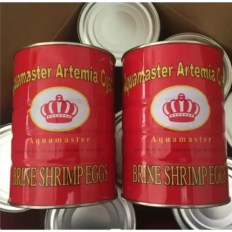 Red cans of brine shrimp eggs.