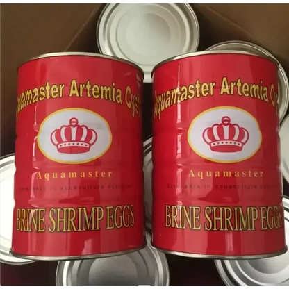 Red cans of brine shrimp eggs.