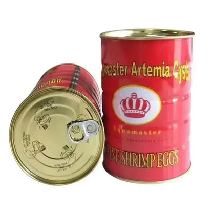 Two red cans of brine shrimp eggs.