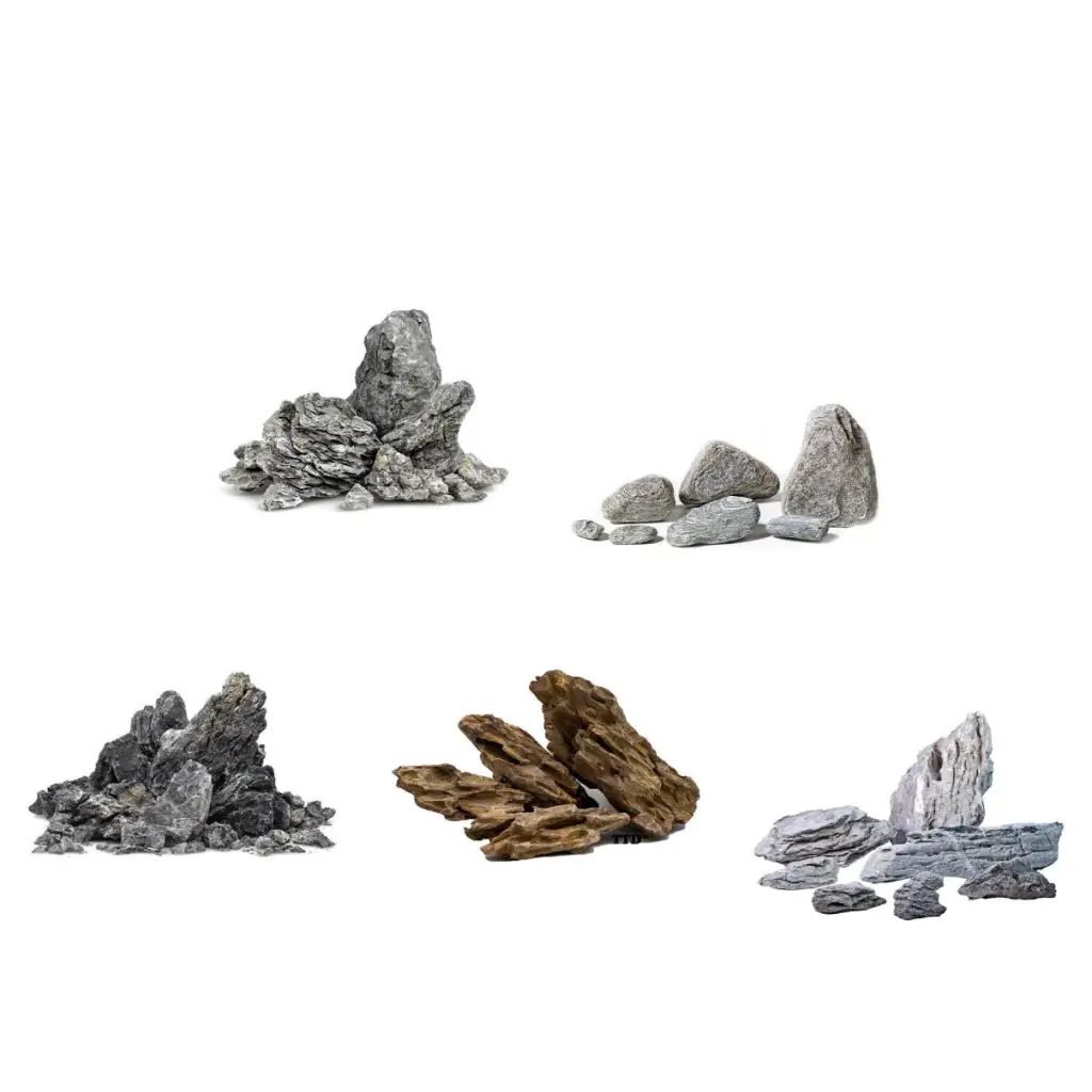 Assorted decorative aquarium rocks.