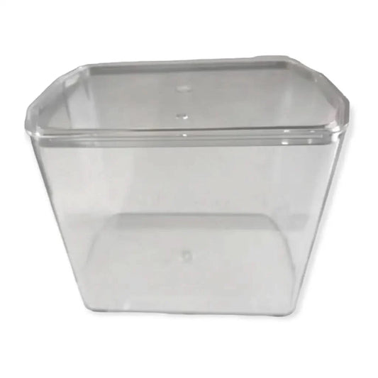Clear plastic container with lid.