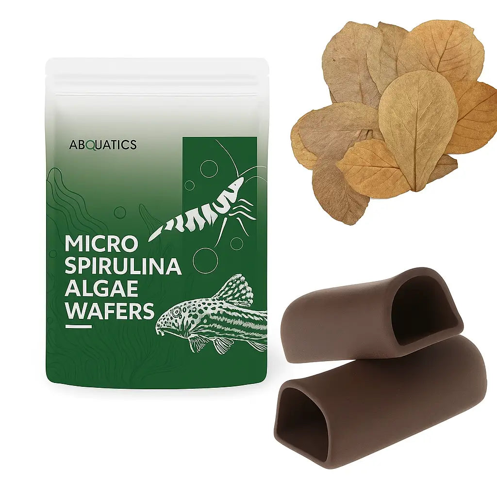 Aquarium accessories bundle including shrimp food, dried leaves, and two dark brown ceramic spawning caves.