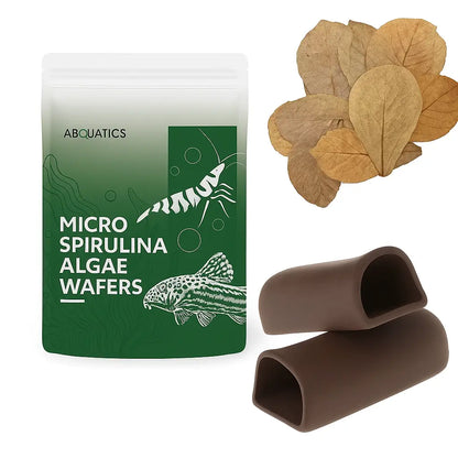 Aquarium accessories bundle including shrimp food, dried leaves, and two dark brown ceramic spawning caves.