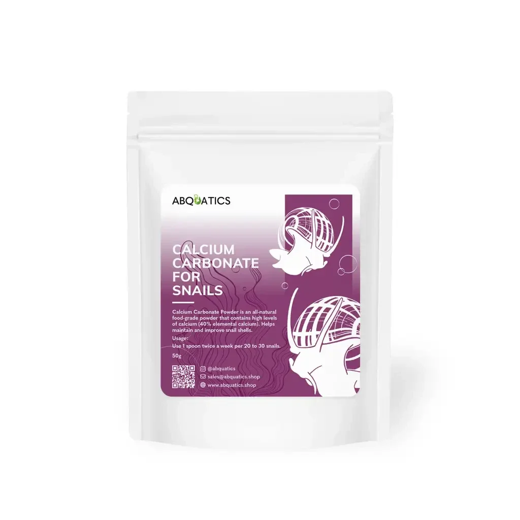 Calcium carbonate powder for snails in a white pouch.
