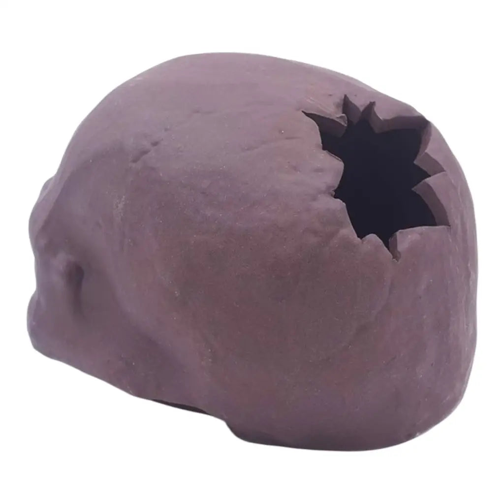 Maroon skull with jagged hole.