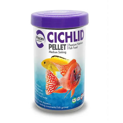 Cichlid pellet fish food in a purple-lidded container.