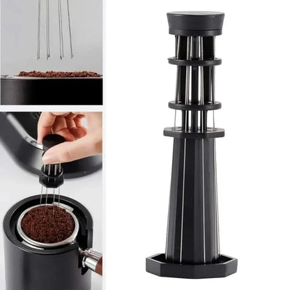 Espresso coffee distribution tool and stand.