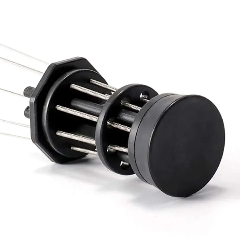 Black cylindrical object with metal rods.