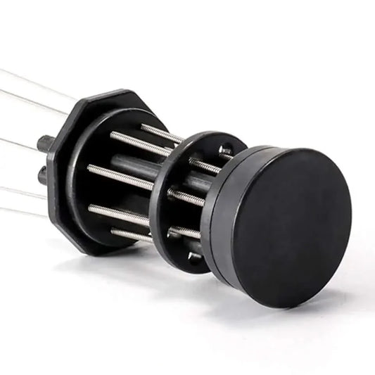 Black cylindrical object with metal rods.