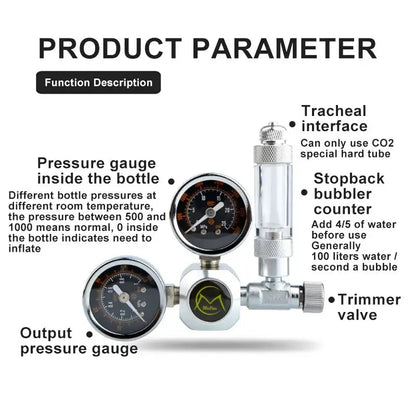 CO2 regulator with gauges and bubble counter.