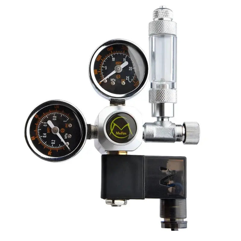 CO2 regulator with gauges and flow meter.
