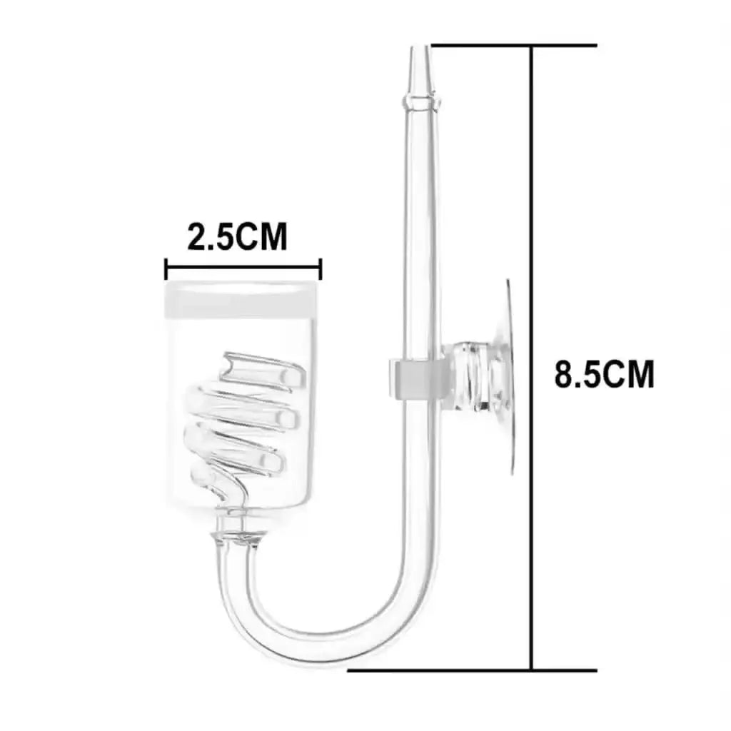 Clear glass aquarium air pump with a spiral coil and suction cup attachment.