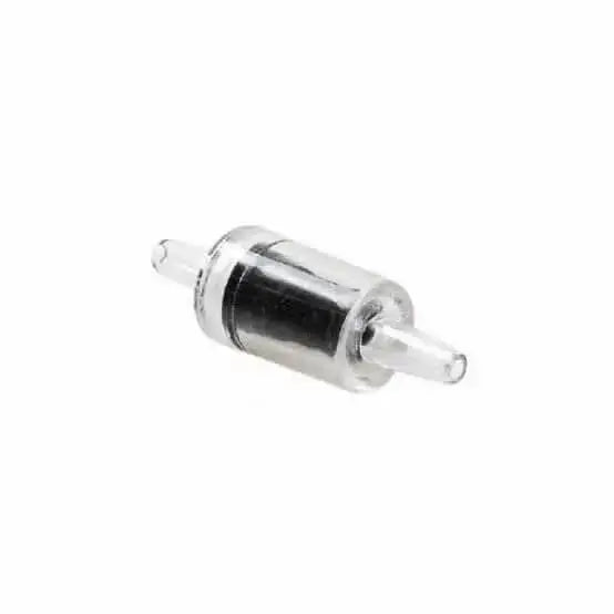 Clear plastic air filter with a black internal element and metallic end caps.