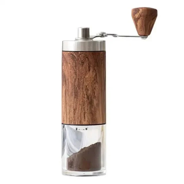 Manual coffee grinder with wooden accents.