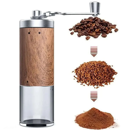 Manual coffee grinder with coffee beans and grounds.