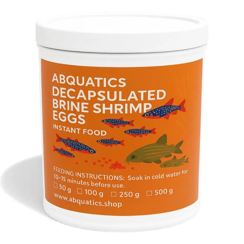Orange container with white lid, labeled ’abquatics decapsulated brine shrimp eggs’ featuring colorful fish illustrations.