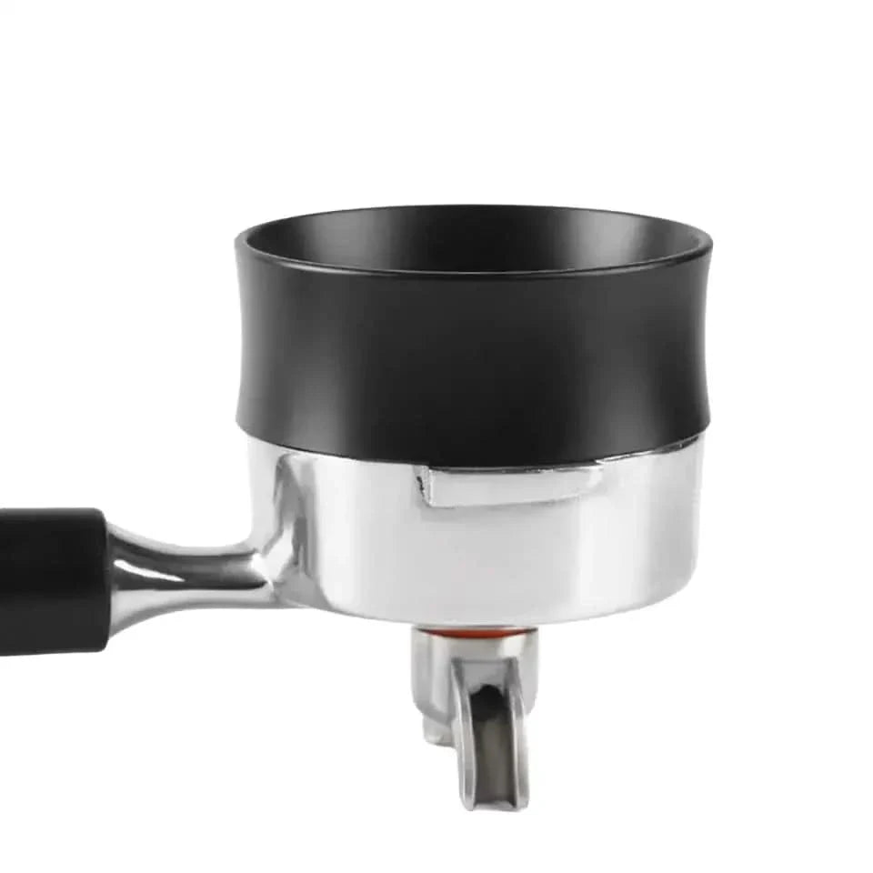 Espresso machine portafilter with black collar.