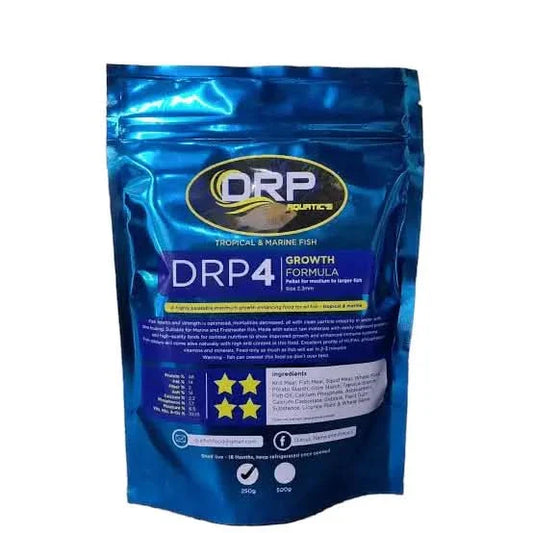 Blue bag of DRP4 growth formula fish food.