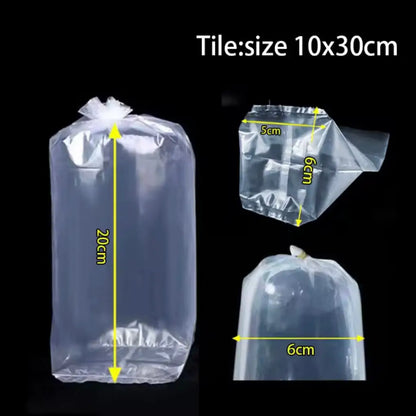 Clear plastic bags with dimensions.