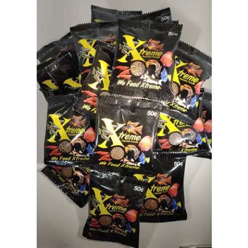 Packets of Xtreme fish food.