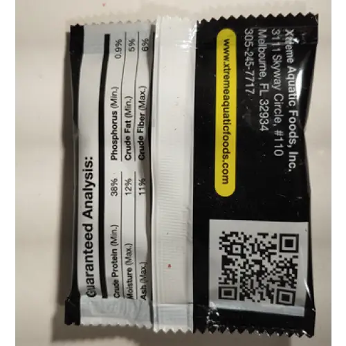 Fish food packaging with nutritional information.