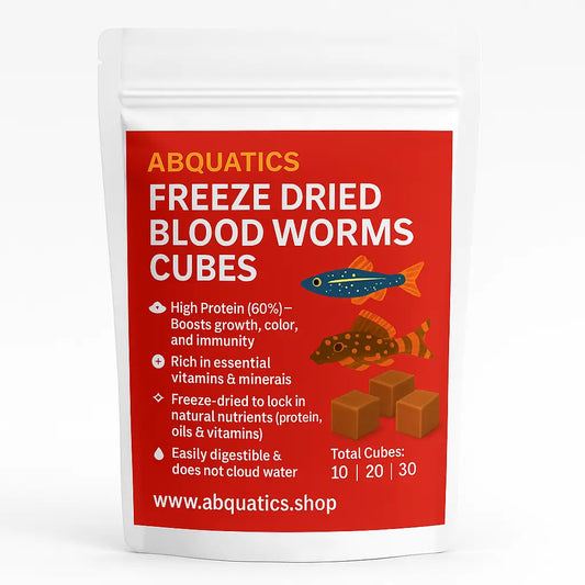 White pouch of freeze-dried blood worm cubes for aquarium fish.
