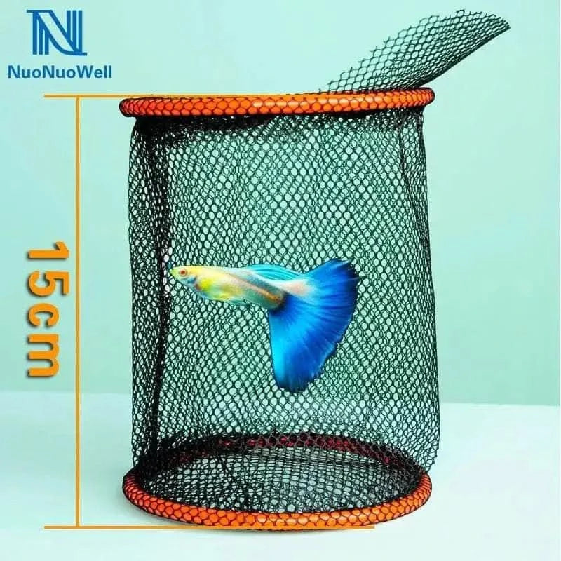Cylindrical black mesh fish net with orange trim.
