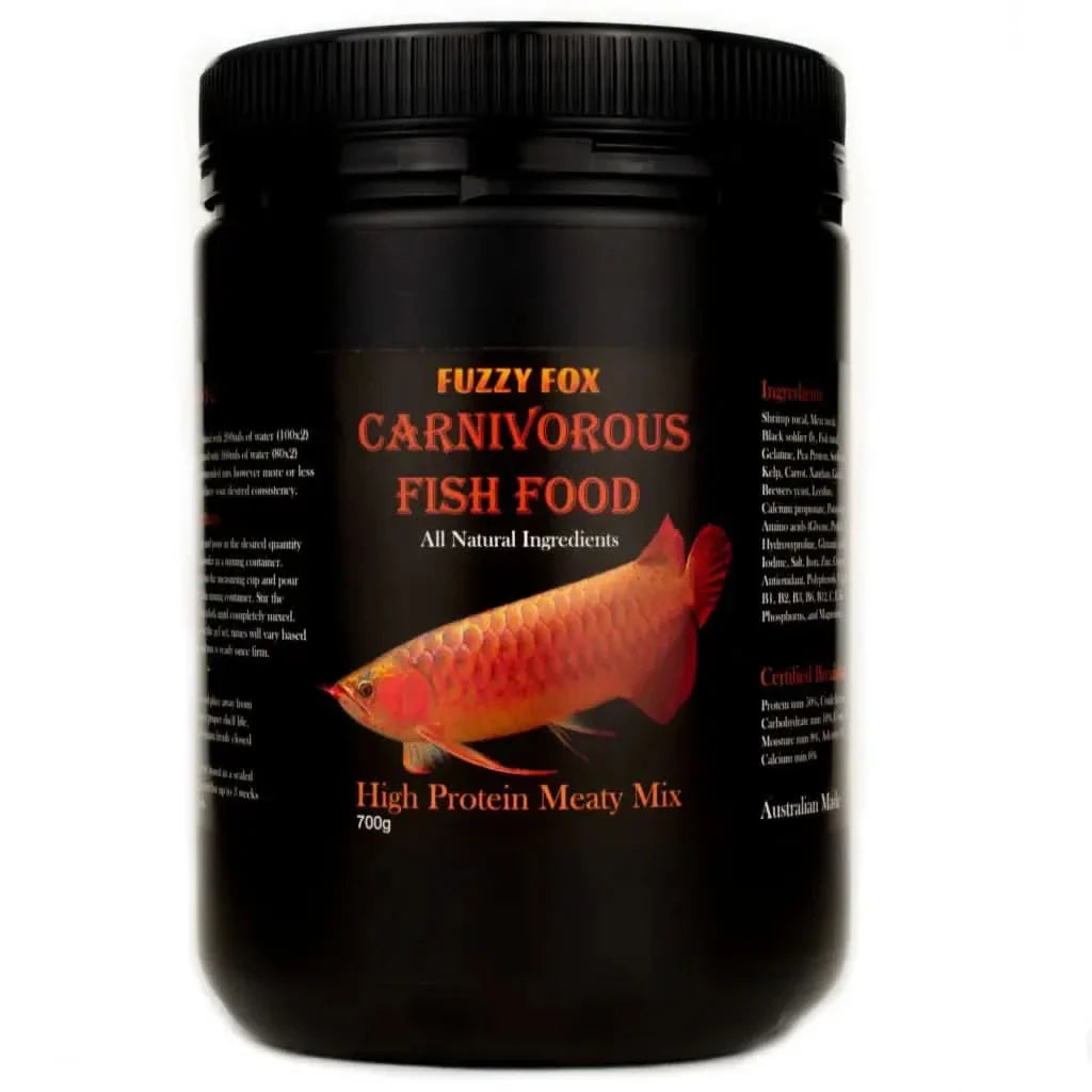 Black container of carnivorous fish food.
