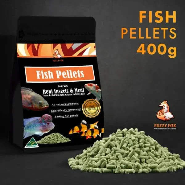 Bag of fish pellets with a pile of pellets.