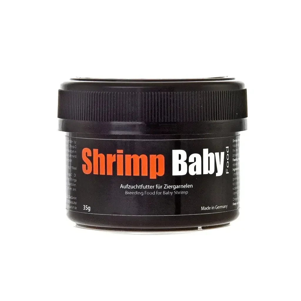 Black container of shrimp baby food.