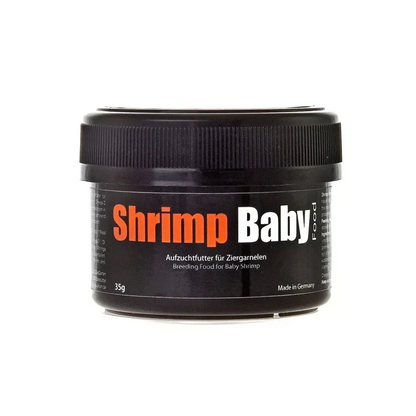 Black container of shrimp baby food.