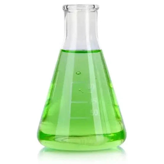 Erlenmeyer flask with green liquid.