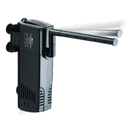 Black aquarium filter with adjustable spray bar.