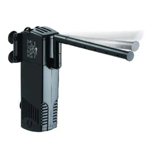 Black aquarium filter with adjustable spray bar.