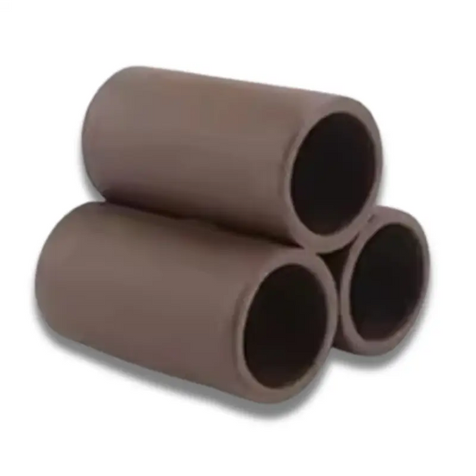 Three brown ceramic tubes stacked together.